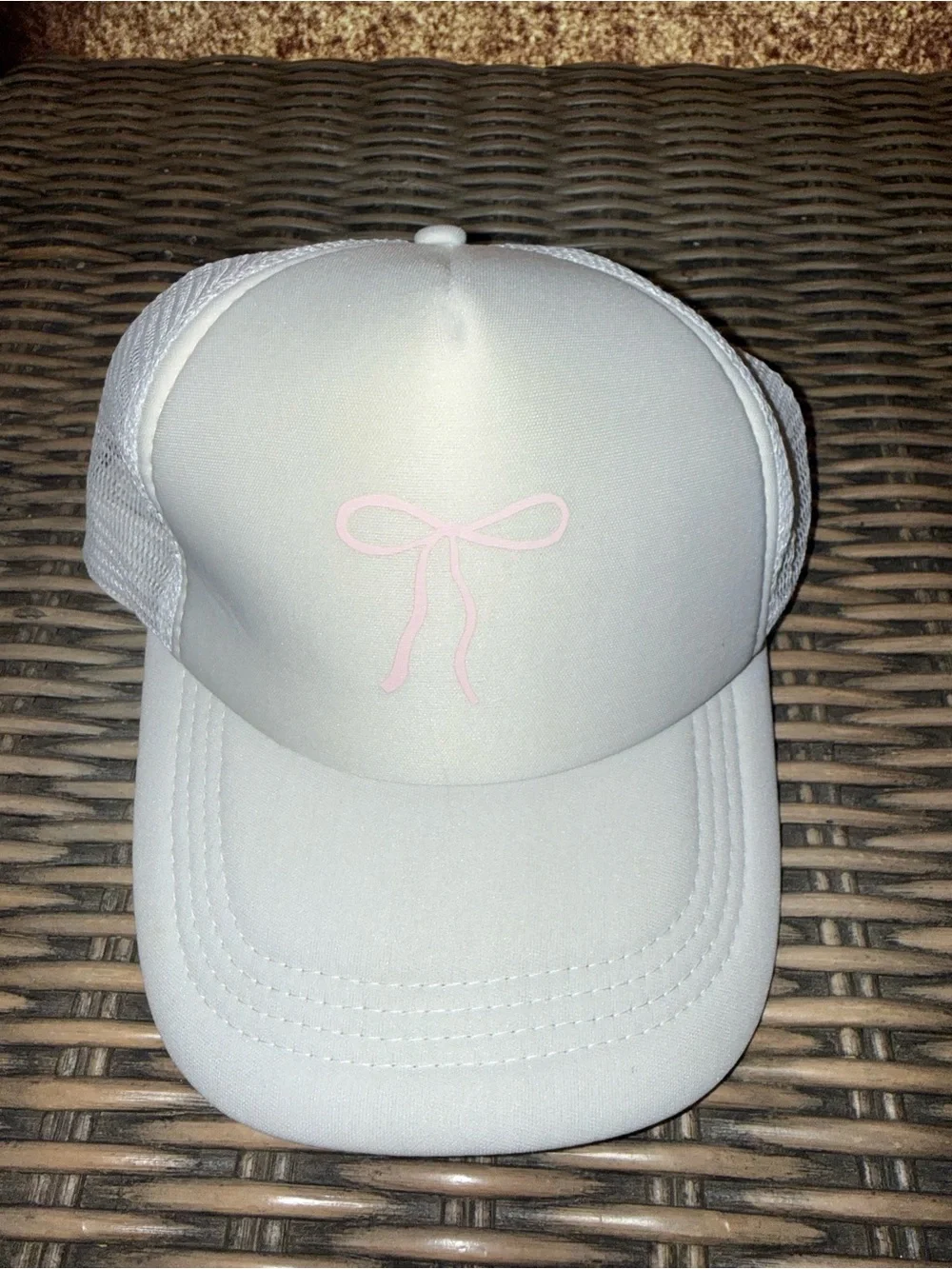 SHEIN White Trucker Hat with Pink Bow Accent